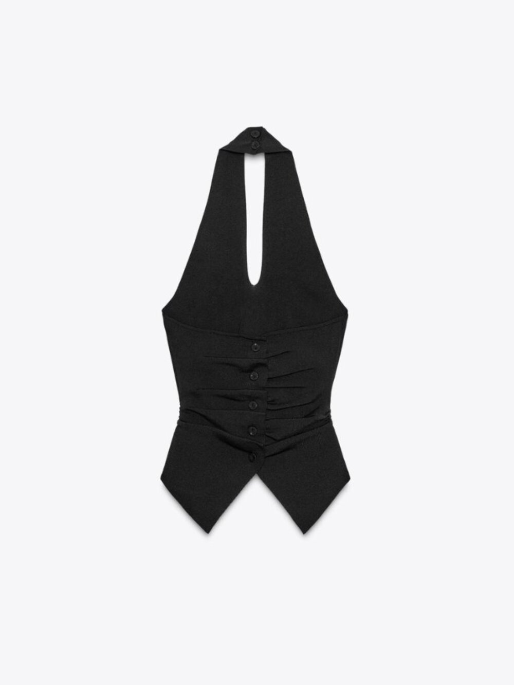 Zara Ruched Knit Halter Top V Neck Open Back Covered Buttons Black S NWT - Picture 7 of 14